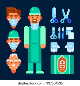 Surgeon and surgical tools: scissors, scalpel, clamp, bandage, gloves. Vector flat illustration. Isolated objects.