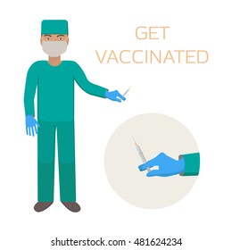 Surgeon with a syringe. Doctor makes vaccination. Vector illustration.