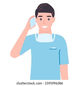 Surgeon talking on mobile phone. Doctor male personage communicating through smartphone. Medic Specialist Isolated vector illustration in cartoon flat style