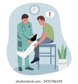 Surgeon in teal robe holding clipboard, touch male patient leg in cast. Hospital indoor interior. Routine work. Concept of healthcare, provision of medical care. Vector illustration