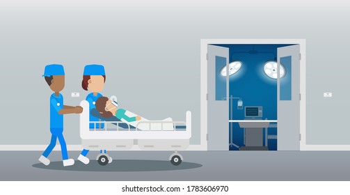 Chirurgen-Team mit Patient im Bett.  Flaches design, Vektorgrafik