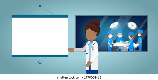 Surgeon team in surgery room with blank projector flat design vector illustration