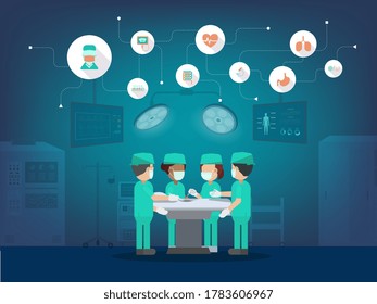 Surgeon team in surgery room.  Flat design vector illustration