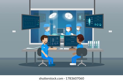 Surgeon team in surgery room.  Flat design vector illustration