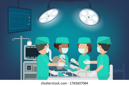 Surgeon team in surgery room flat design vector illustration