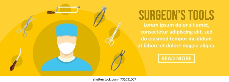 Surgeon tools banner horizontal concept. Flat illustration of surgeon tools banner horizontal vector concept for web design