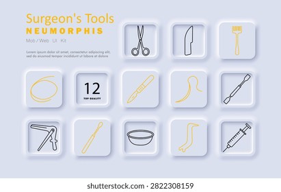 Surgeon tools set icon. Scissors, scalpel, retractor, basin, syringe, spatula, probe, curette, bone saw, operating accessory, clinical equipment, healthcare procedure