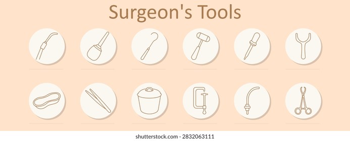 Surgeon tools set icon. Suction tube, irrigation bulb, retractor hook, reflex hammer, dropper, tongue depressor, kidney tray, forceps, sterilization container, clamp frame, aspiration cannula, hemostat
