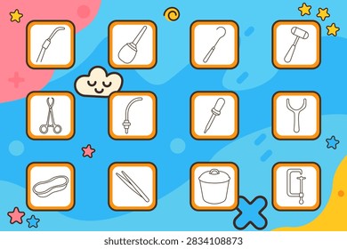Surgeon tools set icon. Suction tube, irrigation bulb, surgical hook, reflex hammer, operating scissors, drainage catheter, diagnostic dropper, mouth retractor, kidney basin, forceps