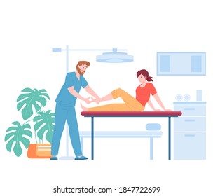 Surgeon, trauma doctor, physiotherapist examining ankle of vector cartoon female patient sitting on couch. Osteopath podiatrist character massaging leg. Orthopedic medicine and traumatology