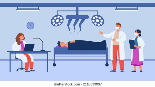 Surgeon Using Surgical Robot For Operation On Cartoon Patient. Robotic Surgery, Hospital With Innovative Equipment Flat Vector Illustration. Health, Technology Concept For Banner Or Landing Web Page