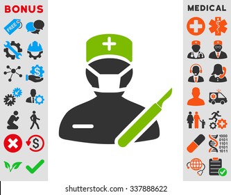 Surgeon vector icon with bonus. Style is bicolor flat symbol, eco green and gray colors, rounded angles, white background.