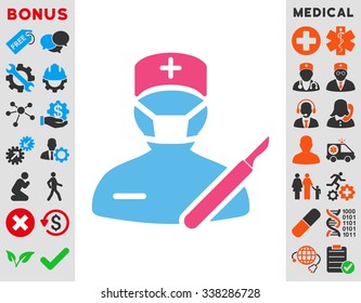 Surgeon vector icon with bonus. Style is bicolor flat symbol, pink and blue colors, rounded angles, white background.