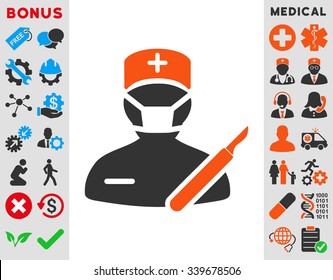Surgeon vector icon with bonus. Style is bicolor flat symbol, orange and gray colors, rounded angles, white background.
