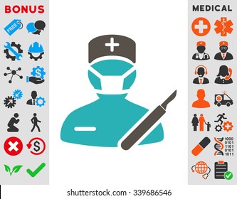 Surgeon vector icon with bonus. Style is bicolor flat symbol, grey and cyan colors, rounded angles, white background.