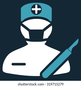 Surgeon vector icon. Style is bicolor flat symbol, blue and white colors, rounded angles, dark blue background.