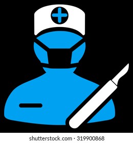 Surgeon vector icon. Style is bicolor flat symbol, blue and white colors, rounded angles, black background.