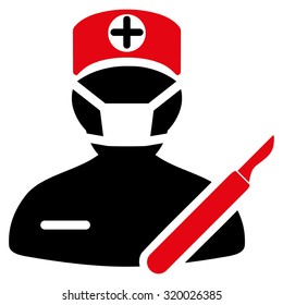 Surgeon vector icon. Style is bicolor flat symbol, intensive red and black colors, rounded angles, white background.