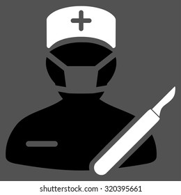 Surgeon vector icon. Style is bicolor flat symbol, black and white colors, rounded angles, gray background.