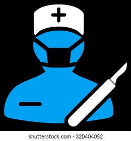 Surgeon vector icon. Style is bicolor flat symbol, blue and white colors, rounded angles, black background.