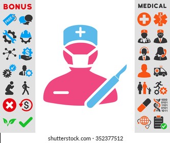 Surgeon vector icon. Style is bicolor flat symbol, pink and blue colors, rounded angles, white background.
