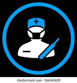 Surgeon vector icon. Style is bicolor flat circled symbol, blue and white colors, rounded angles, black background.