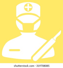 Surgeon vector icon. Style is flat symbol, white color, rounded angles, yellow background.