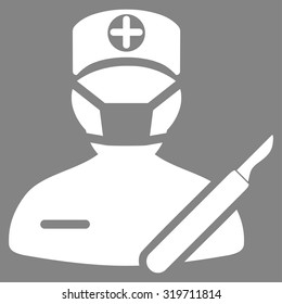 Surgeon vector icon. Style is flat symbol, white color, rounded angles, gray background.