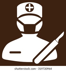 Surgeon vector icon. Style is flat symbol, white color, rounded angles, brown background.