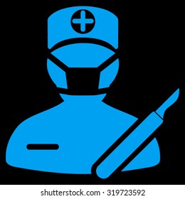 Surgeon vector icon. Style is flat symbol, blue color, rounded angles, black background.