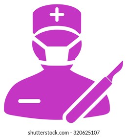 Surgeon vector icon. Style is flat symbol, violet color, rounded angles, white background.