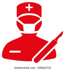 Surgeon vector icon. Style is flat symbol, red color, rounded angles, white background.