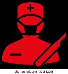 Surgeon vector icon. Style is flat symbol, red color, rounded angles, black background.