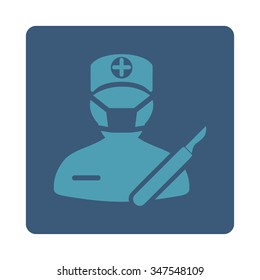 Surgeon vector icon. Style is flat rounded square button, cyan and blue colors, white background.