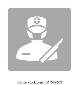 Surgeon vector icon. Style is flat rounded square button, white and silver colors, white background.
