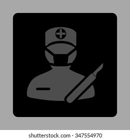 Surgeon vector icon. Style is flat rounded square button, gray and black colors, silver background.