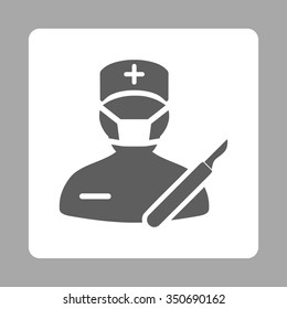 Surgeon vector icon. Style is flat rounded square button, dark gray and white colors, silver background.