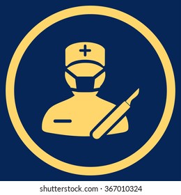 Surgeon vector icon. Style is flat circled symbol, yellow color, rounded angles, blue background.