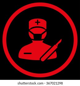 Surgeon vector icon. Style is flat circled symbol, red color, rounded angles, black background.