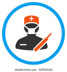 Surgeon vector icon. Style is flat circled symbol, orange and blue colors, rounded angles, white background.