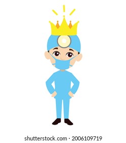 Surgeon Wearing Crown Flat Vector Cartoon Illustration