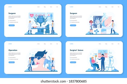 Surgeon web banner or landing page set. Doctor performing medical operations. Professional medical specialist. Idea of health and medical treatment. Isolated flat vector illustration