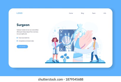 Surgeon web banner or landing page. Doctor performing medical operations. Professional medical specialist. Idea of health and medical treatment. Isolated flat vector illustration