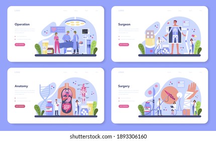 Surgeon web banner or landing page set. Doctor performing medical operations. Professional medical specialist. Idea of health and medical treatment. Isolated flat vector illustration