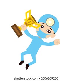 Ilustración de dibujos animados de vectores planos trofeo y cirujano