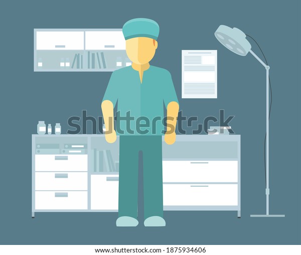 Surgeon works in operating room. Medical
staff in hospital. Male character in medical gown is standing in
cabinet. Doctor is wearing professional uniform. Clinic equipment,
surgery preparation