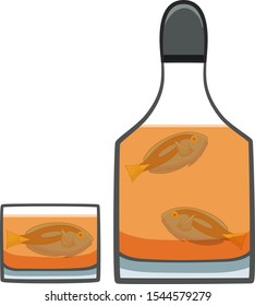 Surgeonfishes inside of bottle and glass of whiskey