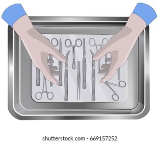 Surgeon's hands above the tray with medical instruments. Hands in gloves and tray with medical tools.