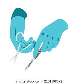 Surgeons hands in gloves holding scalpel and forceps 3d isometric vector illustration