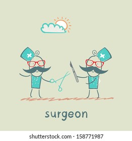 Surgeons hold a scalpel and scissors
